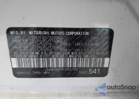 2019 Mitsubishi Outlander Se z USA, uszkodzony, nr VIN JA4AD3A37KZ055749